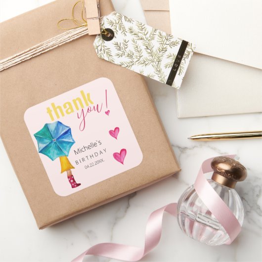 Schattigee paraplu meisje Waterverf illustratiepat Vierkante Sticker (Geschenken)