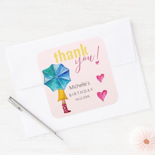 Schattigee paraplu meisje Waterverf illustratiepat Vierkante Sticker (Envelop)