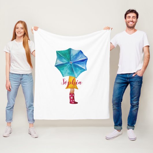 Schattigee paraplu meisje Waterverf Monogrammed Fleece Deken (In situ)