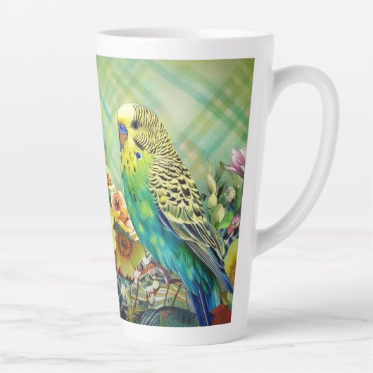 Schattigee parkiet en wilde bloemen op plaid achte latte mok (Rechts)