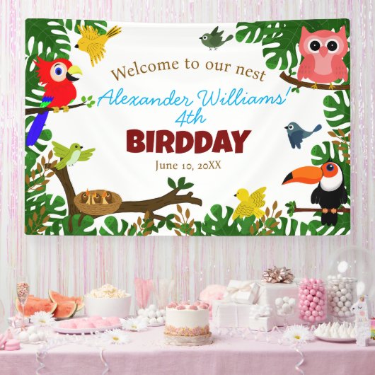 Schattigee Parrot Toucan Uil Zomervogels Verjaarda Spandoek (Feest)