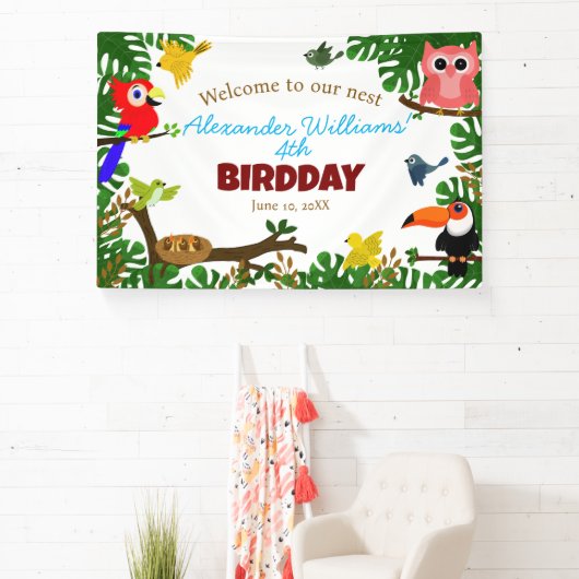Schattigee Parrot Toucan Uil Zomervogels Verjaarda Spandoek (Insitu)