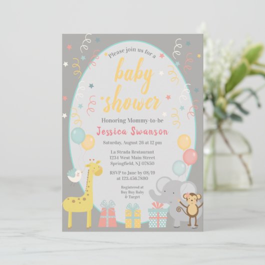 Schattigee Partij Dieren Baby shower Uitnodiging G (Staand voorkant)