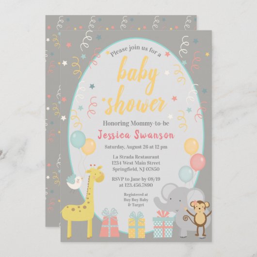 Schattigee Partij Dieren Baby shower Uitnodiging G (Voorkant / Achterkant)