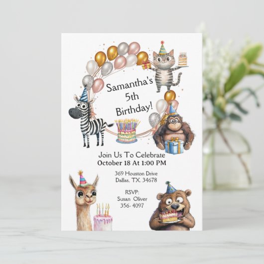Schattigee Partij DierenVerjaardagsfeestuitnodigin Kaart (Staand voorkant)