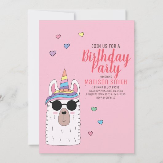 Schattigee Partij Llamacorn Verjaardagsuitnodiging Kaart (Voorkant)