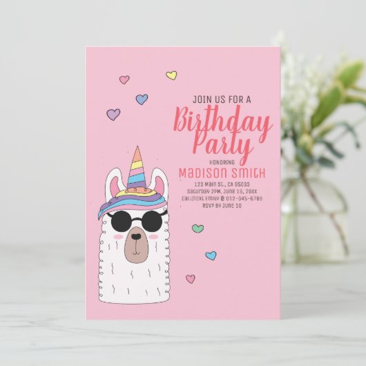 Schattigee Partij Llamacorn Verjaardagsuitnodiging Kaart (Staand voorkant)