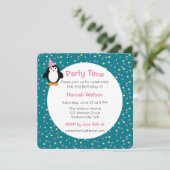 Schattigee Party Pinguïn Verjaardagsfeestuitnodigi Kaart (Staand voorkant)