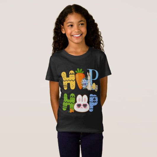Schattigee Pasen "HOP HOP" Bunny & Carrot Spring T-shirt (Voorkant volledig)