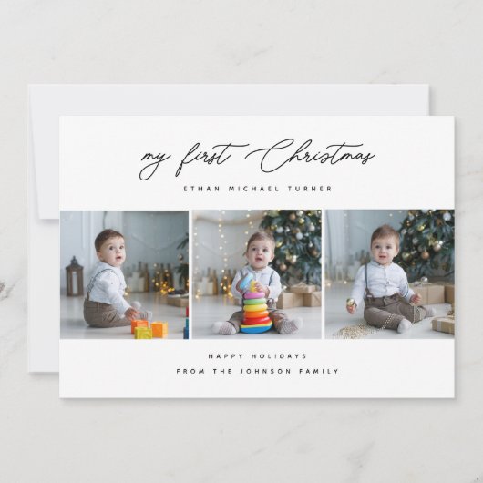 Schattigee pasgeboren baby's eerste kerst 3 foto feestdagenkaart (Voorkant)