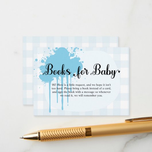 Schattigee Pastel Baby Blue Gingham Baby shower Informatiekaartje (Voorkant / Achterkant in situ)