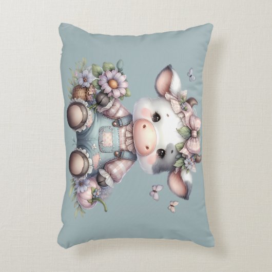 Schattigee Pastel Baby Koe in Overalls met Bloemen Accent Kussen (Voorkant(Verticaal))