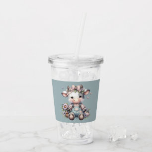 Schattigee Pastel Baby Koe in Overalls met Bloemen Acryl Drinkbeker