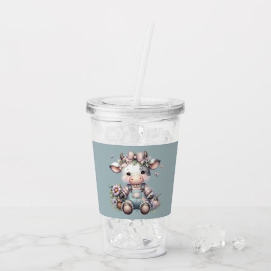 Schattigee Pastel Baby Koe in Overalls met Bloemen Acryl Drinkbeker (Achterkant ijs)