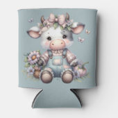 Schattigee Pastel Baby Koe in Overalls met Bloemen Blikjeskoeler (Voorkant)