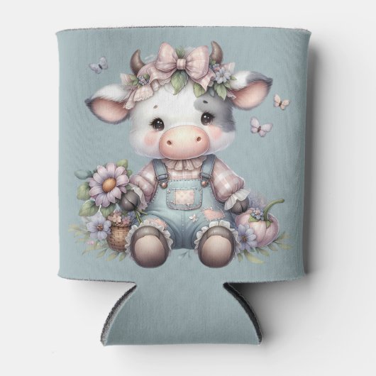 Schattigee Pastel Baby Koe in Overalls met Bloemen Blikjeskoeler (Voorkant)