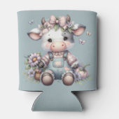 Schattigee Pastel Baby Koe in Overalls met Bloemen Blikjeskoeler (Achterkant)