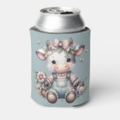 Schattigee Pastel Baby Koe in Overalls met Bloemen Blikjeskoeler (Blikje Achterkant)