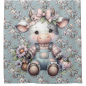 Schattigee Pastel Baby Koe in Overalls met Bloemen Douchegordijn (Voorkant)