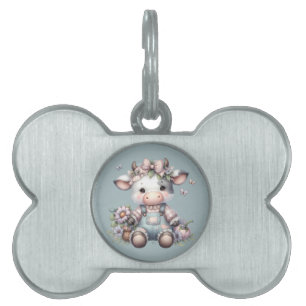 Schattigee Pastel Baby Koe in Overalls met Bloemen Huisdieren Naamplaatje