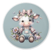 Schattigee Pastel Baby Koe in Overalls met Bloemen Keramische Knop (Voorkant)