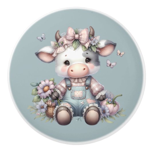 Schattigee Pastel Baby Koe in Overalls met Bloemen Keramische Knop (Voorkant)