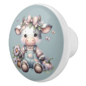 Schattigee Pastel Baby Koe in Overalls met Bloemen Keramische Knop (Rechts)