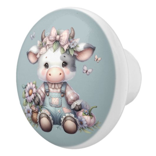 Schattigee Pastel Baby Koe in Overalls met Bloemen Keramische Knop (Rechts)