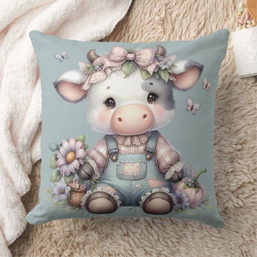Schattigee Pastel Baby Koe in Overalls met Bloemen Kussen (Deken)