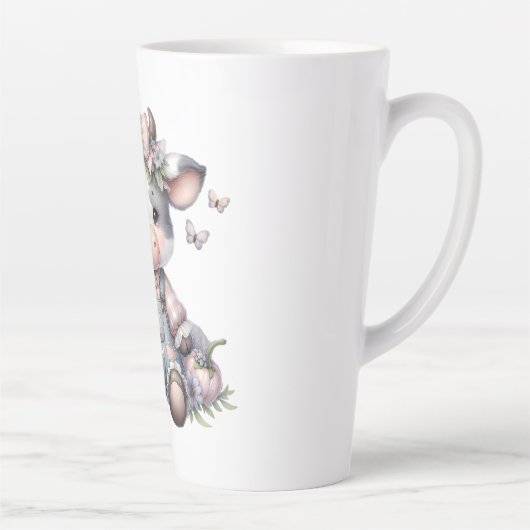 Schattigee Pastel Baby Koe in Overalls met Bloemen Latte Mok (Rechts)