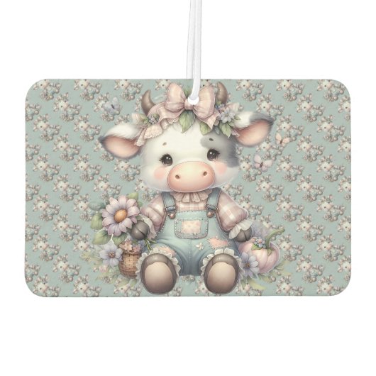 Schattigee Pastel Baby Koe in Overalls met Bloemen Luchtverfrisser (Achterkant)