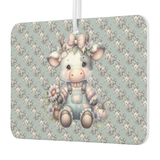Schattigee Pastel Baby Koe in Overalls met Bloemen Luchtverfrisser (Links)