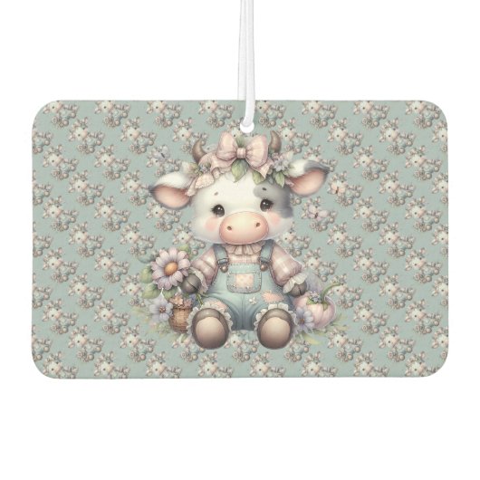 Schattigee Pastel Baby Koe in Overalls met Bloemen Luchtverfrisser (Voorkant)