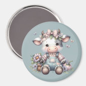 Schattigee Pastel Baby Koe in Overalls met Bloemen Magneet (Voorkant / Achterkant)