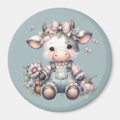 Schattigee Pastel Baby Koe in Overalls met Bloemen Magneet (Voorkant)