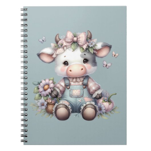 Schattigee Pastel Baby Koe in Overalls met Bloemen Notitieboek (Voorkant)