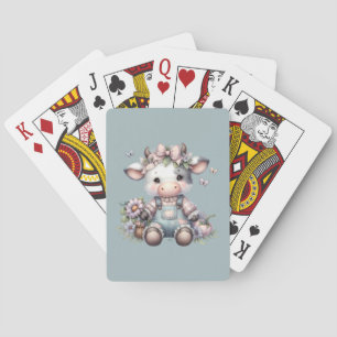 Schattigee Pastel Baby Koe in Overalls met Bloemen Pokerkaarten