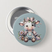 Schattigee Pastel Baby Koe in Overalls met Bloemen Ronde Button 7,6 Cm (Voorkant /achterkant)