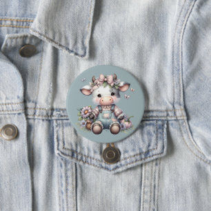 Schattigee Pastel Baby Koe in Overalls met Bloemen Ronde Button 7,6 Cm