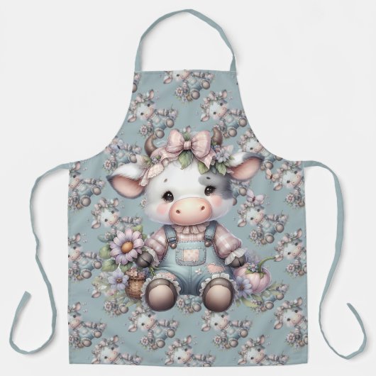 Schattigee Pastel Baby Koe in Overalls met Bloemen Schort (Voorkant)