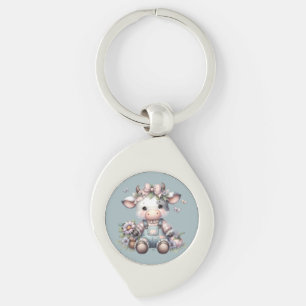 Schattigee Pastel Baby Koe in Overalls met Bloemen Sleutelhanger