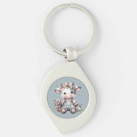 Schattigee Pastel Baby Koe in Overalls met Bloemen Sleutelhanger (Voorkant)
