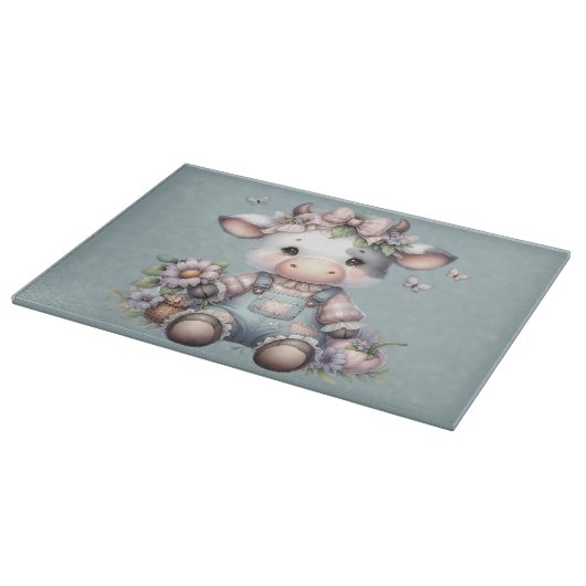 Schattigee Pastel Baby Koe in Overalls met Bloemen Snijplank (Hoek)