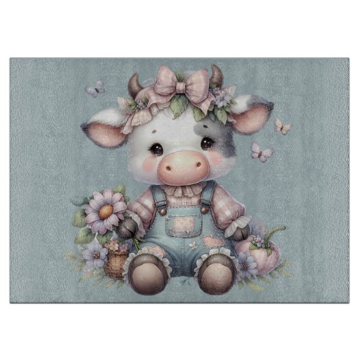 Schattigee Pastel Baby Koe in Overalls met Bloemen Snijplank (Voorkant)