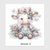 Schattigee Pastel Baby Koe in Overalls met Bloemen Sticker (Vel)