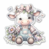 Schattigee Pastel Baby Koe in Overalls met Bloemen Sticker (Voorkant)