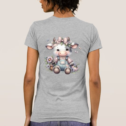 Schattigee Pastel Baby Koe in Overalls met Bloemen T-shirt (Achterkant)