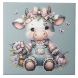 Schattigee Pastel Baby Koe in Overalls met Bloemen Tegeltje