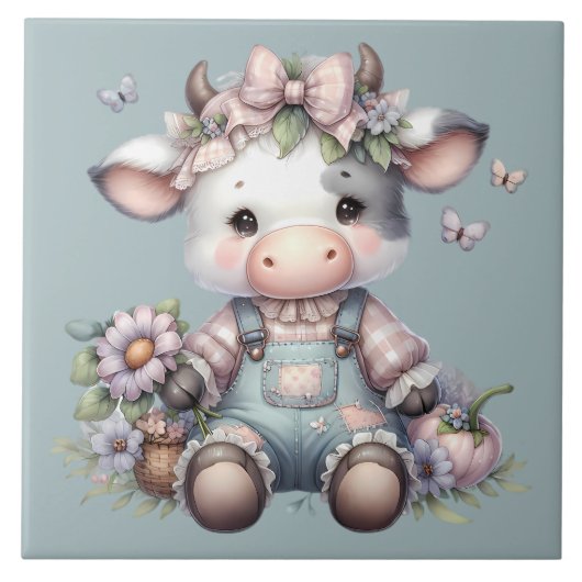 Schattigee Pastel Baby Koe in Overalls met Bloemen Tegeltje (Voorkant)