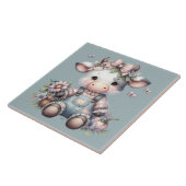 Schattigee Pastel Baby Koe in Overalls met Bloemen Tegeltje (Zijkant)